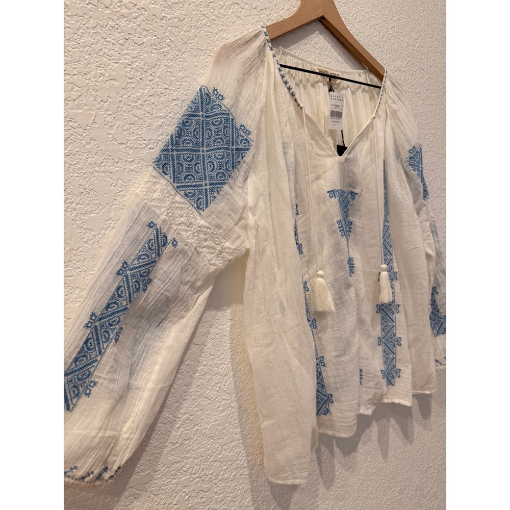 NEW Nili Lotan Bohemian Top White Blue Embroidered Cotton Tassel Blouse Medium - Picture 4 of 10